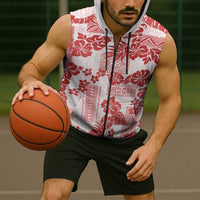 Vintage Hawaii Sleeveless Zip Hoodie Hibiscus Tapa Tribal With Hawaiian Quilt Pattern Red LT9 - Polynesian Pride