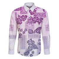 Vintage Hawaii Family Matching Tank Maxi Dress and Hawaiian Shirt Hibiscus Tapa Tribal With Hawaiian Quilt Pattern Violet LT9 Dad's Shirt - Long Sleeve Violet - Polynesian Pride