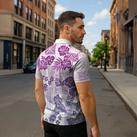 Vintage Hawaii Zipper Polo Shirt Hibiscus Tapa Tribal With Hawaiian Quilt Pattern Violet LT9 - Polynesian Pride