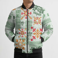 Hawaii Tapa Tribal Bomber Puffer Jacket With Hawaiian Quilt Pattern Green LT9 - Polynesian Pride