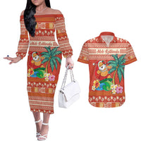 Hawaii Mele Kalikimaka Couples Matching Off The Shoulder Long Sleeve Dress and Hawaiian Shirt Surfing Santa Funny Christmas LT9 Red - Polynesian Pride