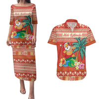 Hawaii Mele Kalikimaka Couples Matching Puletasi and Hawaiian Shirt Surfing Santa Funny Christmas LT9 Red - Polynesian Pride