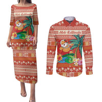 Hawaii Mele Kalikimaka Couples Matching Puletasi and Long Sleeve Button Shirt Surfing Santa Funny Christmas LT9 Red - Polynesian Pride