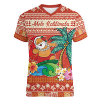 Hawaii Mele Kalikimaka Women V-Neck T-Shirt Surfing Santa Funny Christmas LT9 Female Red - Polynesian Pride