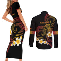 Personalised Papua New Guinea Sepik Couples Matching Short Sleeve Bodycon Dress and Long Sleeve Button Shirt Plumeria Floral Tribal Pattern - Polynesian Pride