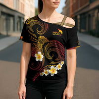 Personalised Papua New Guinea Sepik Cross Shoulder Shirt Plumeria Floral Tribal Pattern - Polynesian Pride