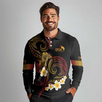 Personalised Papua New Guinea Sepik Long Sleeve Polo Shirt Plumeria Floral Tribal Pattern - Polynesian Pride