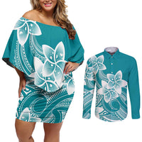 Polynesian Plumeria Flowers Tribal Couples Matching Off Shoulder Short Dress and Long Sleeve Button Shirt Pacific Tattoo Teal Style LT9 Teal - Polynesian Pride