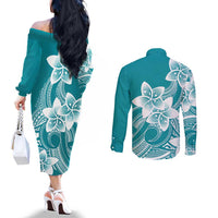 Polynesian Plumeria Flowers Tribal Couples Matching Off The Shoulder Long Sleeve Dress and Long Sleeve Button Shirt Pacific Tattoo Teal Style LT9 - Polynesian Pride
