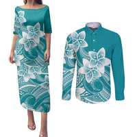 Polynesian Plumeria Flowers Tribal Couples Matching Puletasi and Long Sleeve Button Shirt Pacific Tattoo Teal Style LT9 Teal - Polynesian Pride