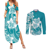 Polynesian Plumeria Flowers Tribal Couples Matching Summer Maxi Dress and Long Sleeve Button Shirt Pacific Tattoo Teal Style LT9 Teal - Polynesian Pride