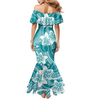 Polynesian Plumeria Flowers Tribal Family Matching Mermaid Dress and Hawaiian Shirt Pacific Tattoo Teal Style LT9 - Polynesian Pride