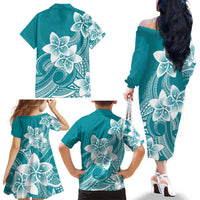 Polynesian Plumeria Flowers Tribal Family Matching Off The Shoulder Long Sleeve Dress and Hawaiian Shirt Pacific Tattoo Teal Style LT9 - Polynesian Pride