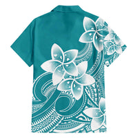 Polynesian Plumeria Flowers Tribal Family Matching Off The Shoulder Long Sleeve Dress and Hawaiian Shirt Pacific Tattoo Teal Style LT9 - Polynesian Pride