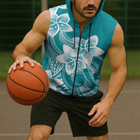 Polynesian Plumeria Flowers Tribal Sleeveless Zip Hoodie Pacific Tattoo Teal Style LT9 - Polynesian Pride