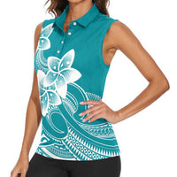 Polynesian Plumeria Flowers Tribal Women Sleeveless Polo Shirt Pacific Tattoo Teal Style LT9 - Polynesian Pride