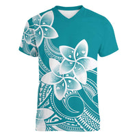 Polynesian Plumeria Flowers Tribal Women V-Neck T-Shirt Pacific Tattoo Teal Style LT9 Female Teal - Polynesian Pride