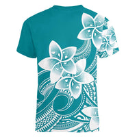 Polynesian Plumeria Flowers Tribal Women V-Neck T-Shirt Pacific Tattoo Teal Style LT9 - Polynesian Pride