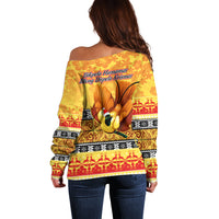 PNG Hamamas Krismas Off Shoulder Sweater Papua New Guinea Bird Of Paradise Merry Christmas Gold Style LT9 - Polynesian Pride