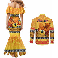 Personalised PNG Hamamas Krismas Couples Matching Mermaid Dress and Long Sleeve Button Shirt Papua New Guinea Bird Of Paradise Merry Christmas Gold Style LT9 - Polynesian Pride