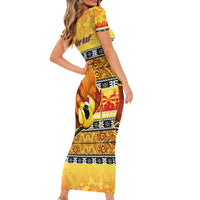Personalised PNG Hamamas Krismas Short Sleeve Bodycon Dress Papua New Guinea Bird Of Paradise Merry Christmas Gold Style LT9 - Polynesian Pride