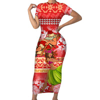 Personalised Hawaii Mele Kalikimaka Family Matching Short Sleeve Bodycon Dress and Hawaiian Shirt Santa Claus and Hula Dancing Merry Christmas LT9 Mom's Dress Red - Polynesian Pride