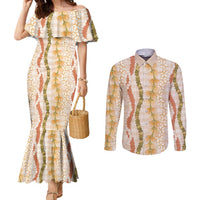 Hawaiian Ohia Lehua Lei Couples Matching Mermaid Dress and Long Sleeve Button Shirt Plaid Palaka Ahiehie Pattern LT9 Beige - Polynesian Pride
