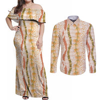 Hawaiian Ohia Lehua Lei Couples Matching Off Shoulder Maxi Dress and Long Sleeve Button Shirt Plaid Palaka Ahiehie Pattern LT9 Beige - Polynesian Pride