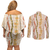 Hawaiian Ohia Lehua Lei Couples Matching Off Shoulder Short Dress and Long Sleeve Button Shirt Plaid Palaka Ahiehie Pattern LT9 - Polynesian Pride