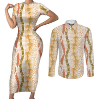 Hawaiian Ohia Lehua Lei Couples Matching Short Sleeve Bodycon Dress and Long Sleeve Button Shirt Plaid Palaka Ahiehie Pattern LT9 Beige - Polynesian Pride
