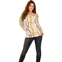 Hawaiian Ohia Lehua Lei Off Shoulder Sweater Plaid Palaka Ahiehie Pattern - Polynesian Pride
