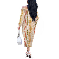 Hawaiian Ohia Lehua Lei Off The Shoulder Long Sleeve Dress Plaid Palaka Ahiehie Pattern LT9 - Polynesian Pride