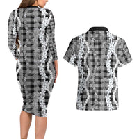 Hawaiian Ohia Lehua Lei Couples Matching Long Sleeve Bodycon Dress and Hawaiian Shirt Plaid Palaka Eleele Pattern LT9 - Polynesian Pride