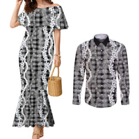 Hawaiian Ohia Lehua Lei Couples Matching Mermaid Dress and Long Sleeve Button Shirt Plaid Palaka Eleele Pattern - Polynesian Pride