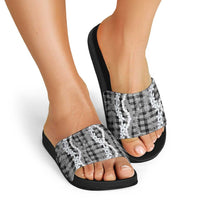 Hawaiian Ohia Lehua Lei Slide Sandals Plaid Palaka Eleele Pattern - Polynesian Pride