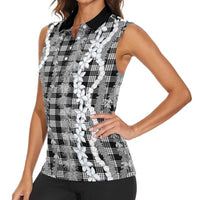 Hawaiian Ohia Lehua Lei Women Sleeveless Polo Shirt Plaid Palaka Eleele Pattern - Polynesian Pride