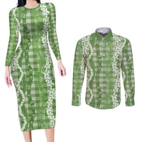 Hawaiian Ohia Lehua Lei Couples Matching Long Sleeve Bodycon Dress and Long Sleeve Button Shirt Plaid Palaka Omaomao Pattern LT9 Green - Polynesian Pride