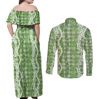 Hawaiian Ohia Lehua Lei Couples Matching Off Shoulder Maxi Dress and Long Sleeve Button Shirt Plaid Palaka Omaomao Pattern LT9 - Polynesian Pride