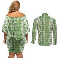 Hawaiian Ohia Lehua Lei Couples Matching Off Shoulder Short Dress and Long Sleeve Button Shirt Plaid Palaka Omaomao Pattern LT9 - Polynesian Pride