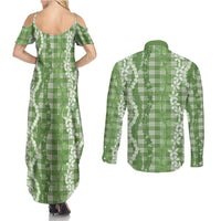 Hawaiian Ohia Lehua Lei Couples Matching Summer Maxi Dress and Long Sleeve Button Shirt Plaid Palaka Omaomao Pattern - Polynesian Pride