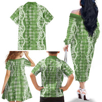 Hawaiian Ohia Lehua Lei Family Matching Off The Shoulder Long Sleeve Dress and Hawaiian Shirt Plaid Palaka Omaomao Pattern LT9 - Polynesian Pride