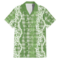 Hawaiian Ohia Lehua Lei Family Matching Off Shoulder Maxi Dress and Hawaiian Shirt Plaid Palaka Omaomao Pattern LT9 Dad's Shirt - Short Sleeve Green - Polynesian Pride