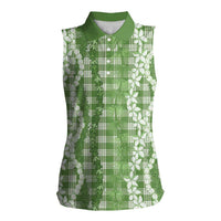 Hawaiian Ohia Lehua Lei Women Sleeveless Polo Shirt Plaid Palaka Omaomao Pattern LT9 Female Green - Polynesian Pride