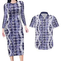 Hawaiian Ohia Lehua Lei Couples Matching Long Sleeve Bodycon Dress and Hawaiian Shirt Plaid Palaka Uliuli hohonu Pattern LT9 Navy - Polynesian Pride