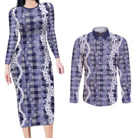 Hawaiian Ohia Lehua Lei Couples Matching Long Sleeve Bodycon Dress and Long Sleeve Button Shirt Plaid Palaka Uliuli hohonu Pattern LT9 Navy - Polynesian Pride