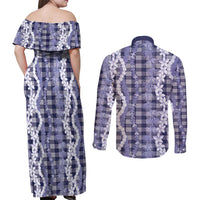 Hawaiian Ohia Lehua Lei Couples Matching Off Shoulder Maxi Dress and Long Sleeve Button Shirt Plaid Palaka Uliuli hohonu Pattern - Polynesian Pride