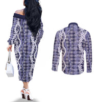 Hawaiian Ohia Lehua Lei Couples Matching Off The Shoulder Long Sleeve Dress and Long Sleeve Button Shirt Plaid Palaka Uliuli hohonu Pattern LT9 - Polynesian Pride