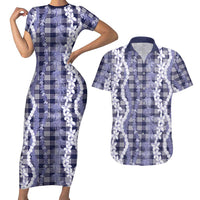 Hawaiian Ohia Lehua Lei Couples Matching Short Sleeve Bodycon Dress and Hawaiian Shirt Plaid Palaka Uliuli hohonu Pattern LT9 Navy - Polynesian Pride