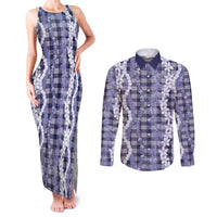 Hawaiian Ohia Lehua Lei Couples Matching Tank Maxi Dress and Long Sleeve Button Shirt Plaid Palaka Uliuli hohonu Pattern LT9 Navy - Polynesian Pride