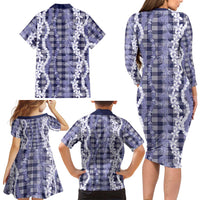 Hawaiian Ohia Lehua Lei Family Matching Long Sleeve Bodycon Dress and Hawaiian Shirt Plaid Palaka Uliuli hohonu Pattern LT9 - Polynesian Pride
